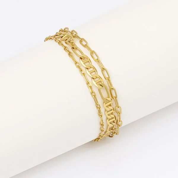 Pulseira Tripla Malha Piastrine com Elo Alongado 3x1 Folheado a Ouro